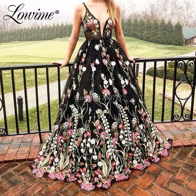 Длинные вечерние платья с V-образным вырезом черное платье принтом Aibye