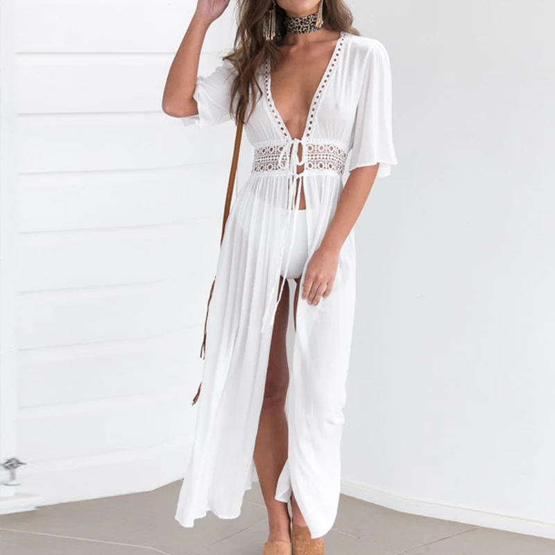 Летний кружевной длинный кардиган со шнуровкой и шалью купальный костюм Женская