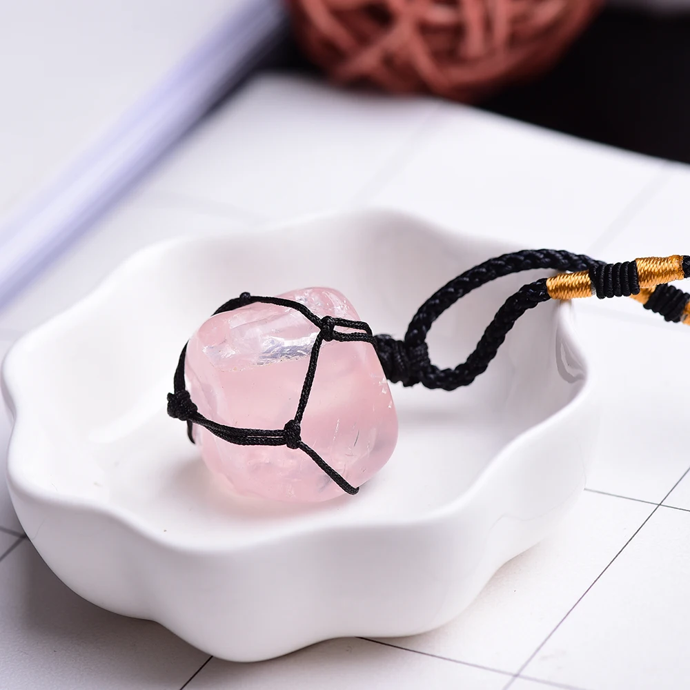 Оптовая продажа ручная плетеная сетка карманные подвески из розового кварца для