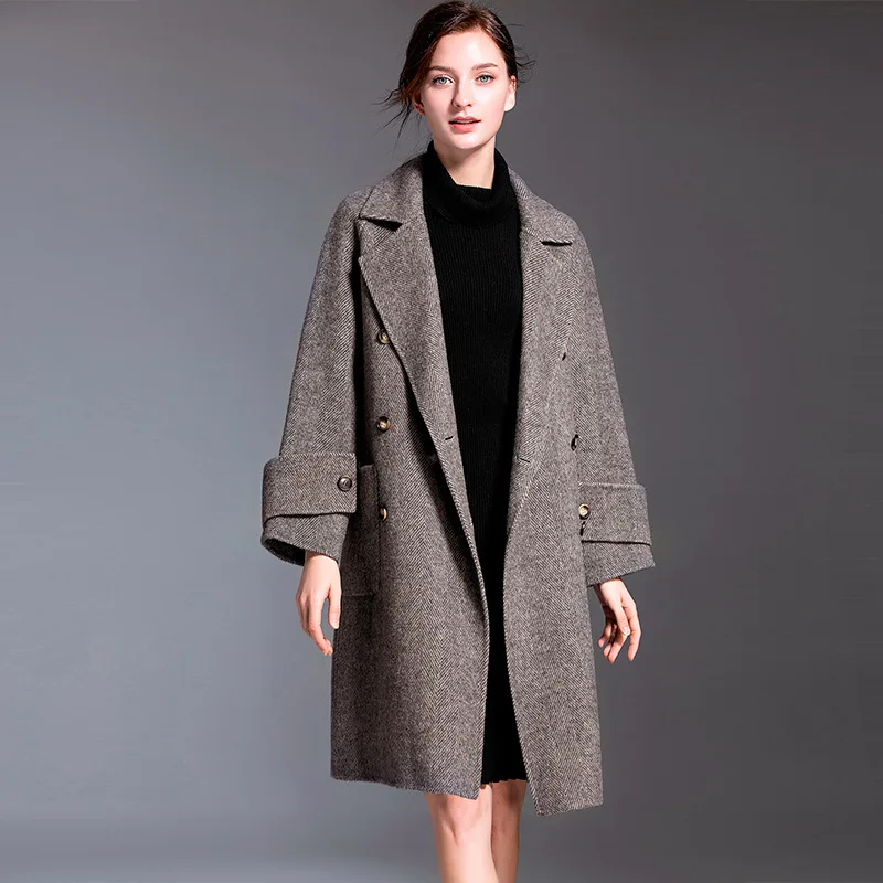 

Women double sided grey herringbone wool cashmere overcoats winter woolen jackets high end long handmade outwear oversize