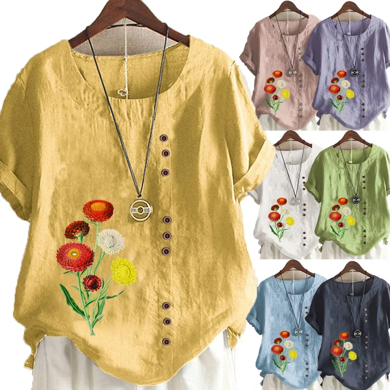 

New Women's Fashion Summer Floral Print Round Neck Short Sleeve T-shirt Casual Loose Solid Color Shirt Top Plus Size