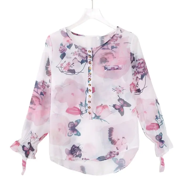 

Женский шифоновая рубашка с длинным рукавом винтажный Свободный пуловер с цветочным принтом и бабочками, блузка-туника на пуговицах сперед...