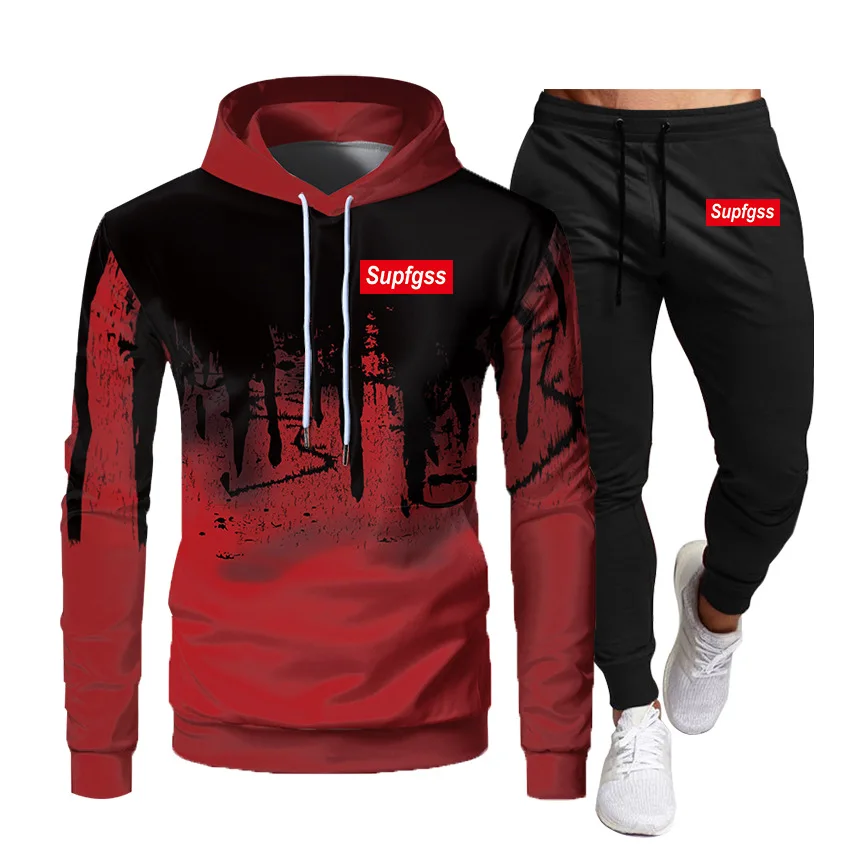 

Autumn Casual Fitness sportswear men hoodies sweatshirts 2 piece sets Anime letter printed Fashion hoody Harajuku Streetwear