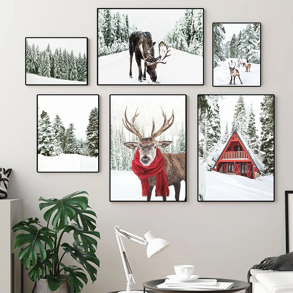 

Winter Snow Pine Forest Deer Squirrel House Wall Art Canvas Painting Nordic Posters And Prints Wall Pictures For Living Room