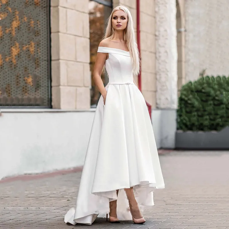 

Vintage Front Short Long Back Wedding Dress 2021 Satin Off Shoulder Boat Neck Short Wedding Gown Custom Made Bridal Gowns Hot