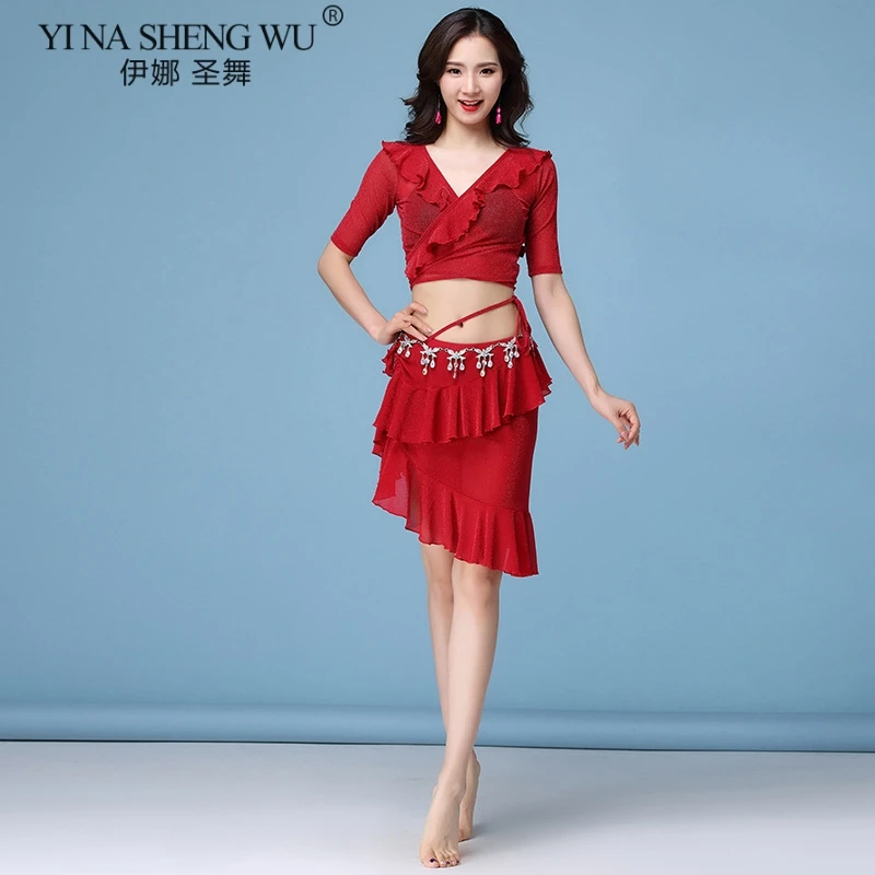 1175 Red Set Танцевальный Костюм r, Женская Блестящая одежда для танца живота, летний сексуальный топ с коротким рукавом, юбка для восточных танцев, одежда для танца живота, новая одежда - Цвет: 1175 Red Set