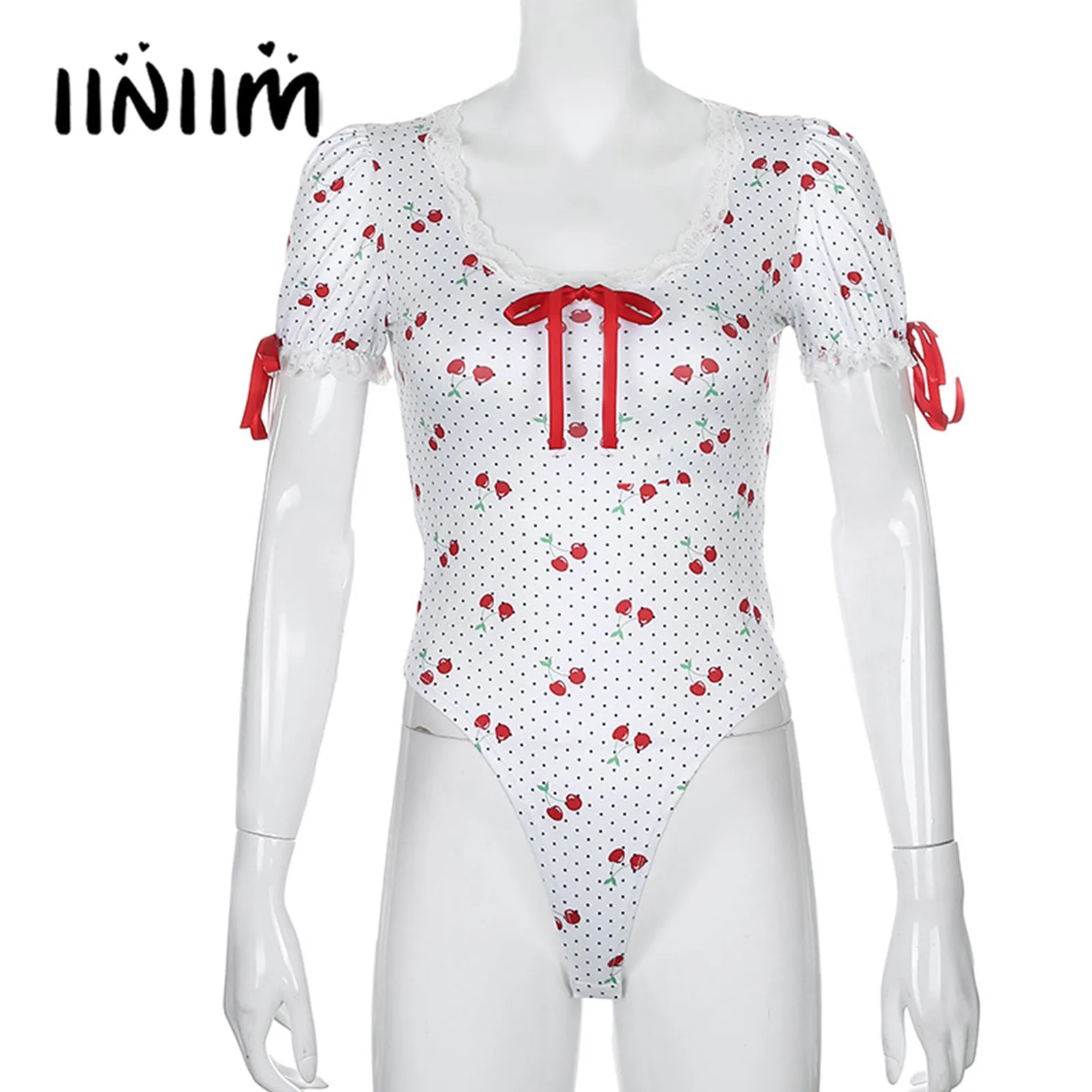 

Womens Cherry Printing Bowknot Decor Bodysuit Lingerie Sexy Clubwear Nightwear Summer Lace Trim Scoop Neck Short Sleeve Leotard