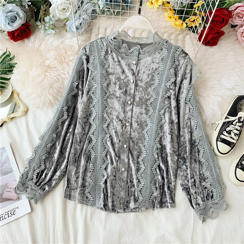 2019 Женская велюровая блуза вязанная крючком кружевная с длинным рукавом обычная