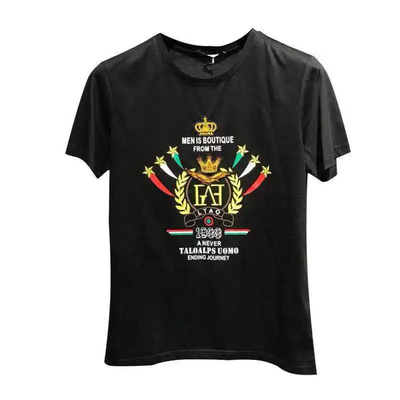 

Men's summer new personality trend heavy industry mercerized cotton big V hot rhinestone letters slim short-sleeved T-shirt men