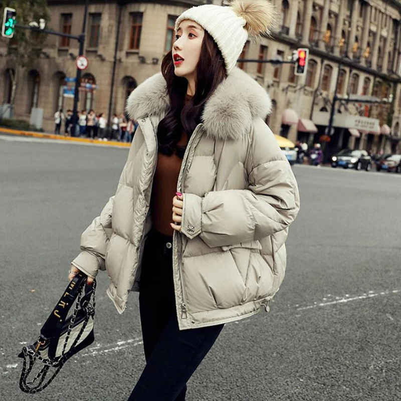 

Korean Style 2020 Winter Jacket Women Natural Fox Fur Collar Solid Black Female Down Coat Loose Oversized Womens Short Parka