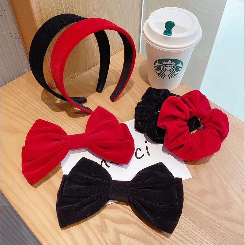 

3pcs/set black wine red hair band bow knot hair clip duckbill hair accessories
