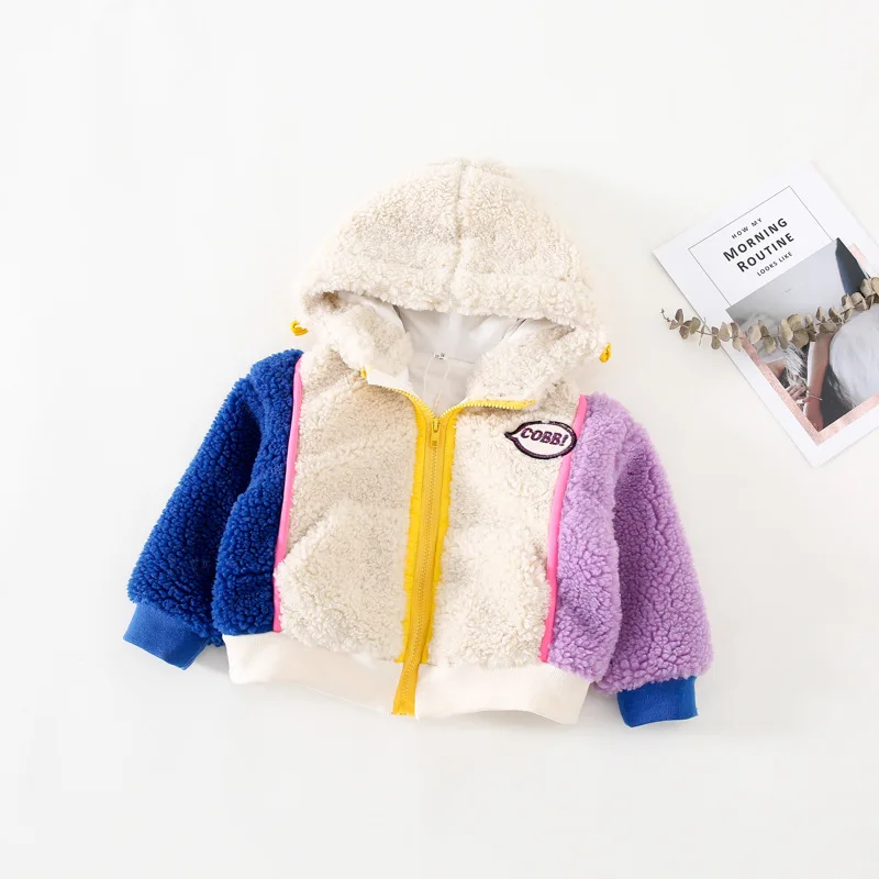 

Girls Jackets New Winter Boys and Girls Spliced Sleeve Plush Jacket Children Plus Velvet Thick Warm Cotton Jacket