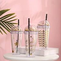 korean style transparent plastic straw cup double layer modern simple classic water cup large capacity ready to drink water cup