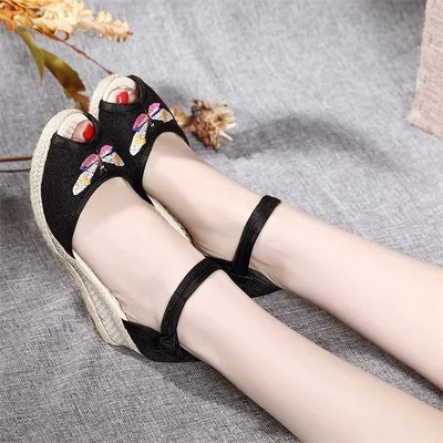 Model 2 Black Veowalk/Винтажные женские босоножки; повседневные льняные парусиновые сандалии на танкетке Лето; туфли-лодочки на платформе с ремешком на щиколотке на среднем каблуке; эспадрильи - Цвет: Model 2 Black