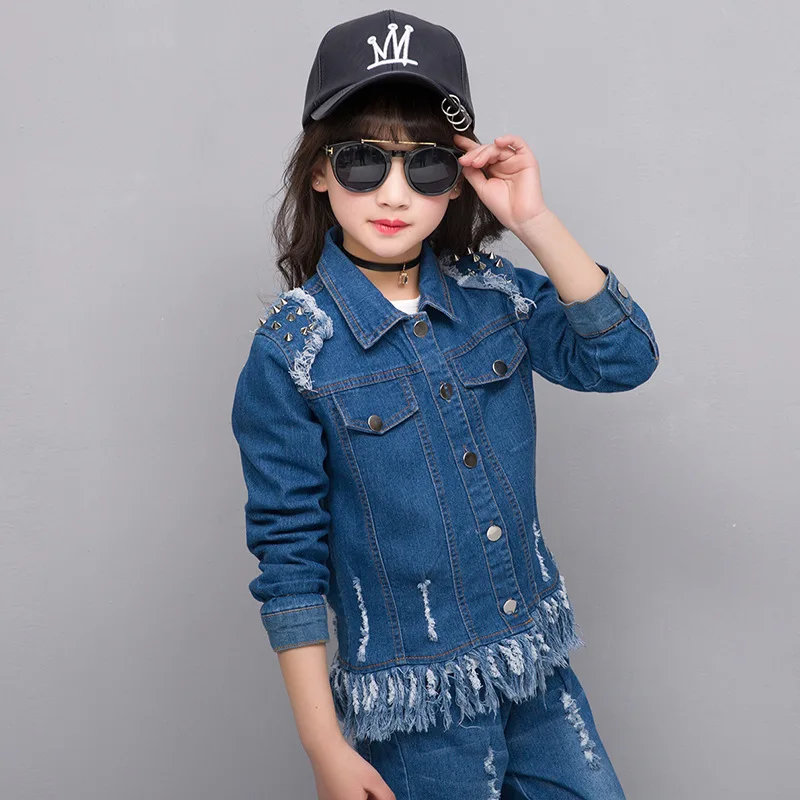 Комплект из 2 предметов модные рубашки и джинсы для девочек Джинсовая Верхняя