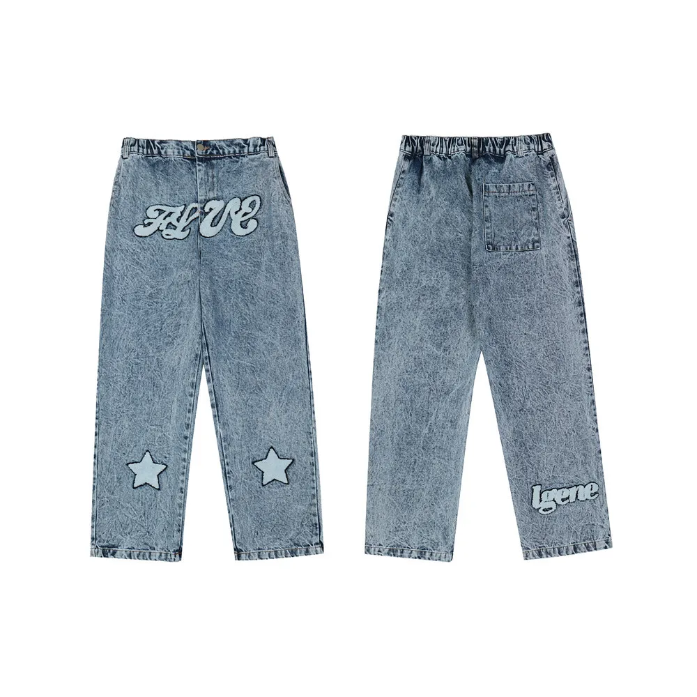 Korean Fashion Star Letter Embroidery Washed Men Oversize Jeans Trousers Hip Hop Distressed Retro Straight Denim Pants Pantalon