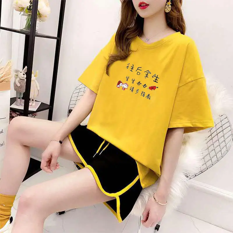 tracksuit Yello Женский костюм из двух предметов футболка с надписью топ и шорты на шнурке Повседневный Женский комплект плюс Размер Женская одежда Костюм хлопковый спортивный костюм - Цвет: tracksuit Yello