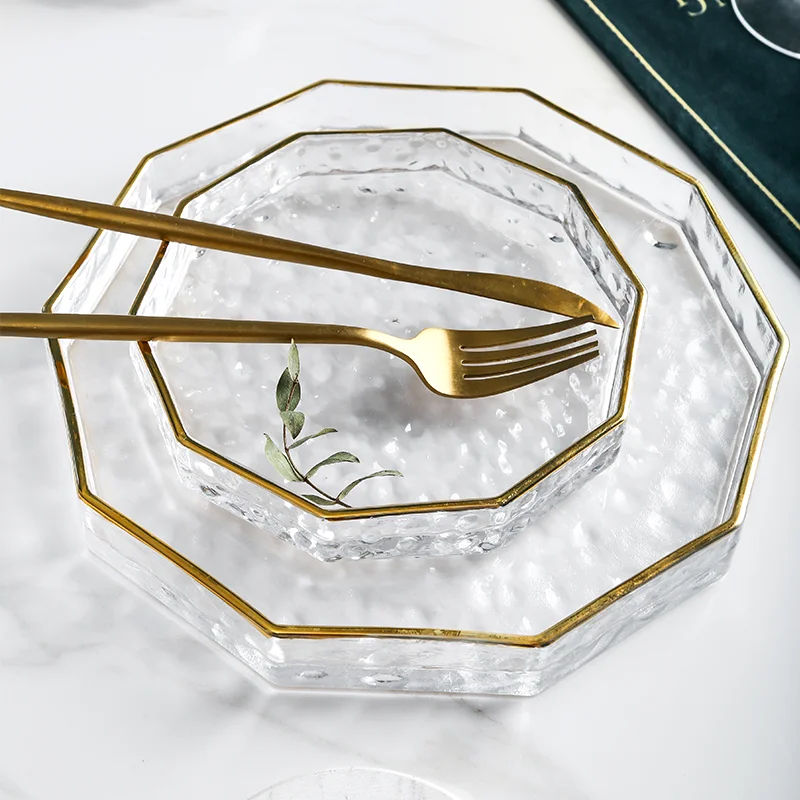 

Nordic Light Luxury Glass Decagon Plate Hand-painted Phnom Penh Steak Cuisine Dishes 9inch Cake Snack Fruit Plate