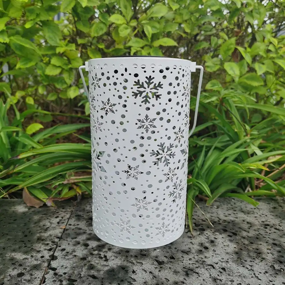 

Solar Lantern Tabletop Outdoor Hanging Warm Lights Decorative Metal LED Star Snowflake Hollow Pattern Patio Yard Pathway White