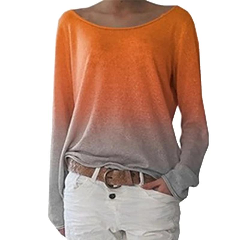 Orange 1 OEAK, градиентные радужные Лоскутные футболки, женские, длинный рукав, повседневные, базовый топ, тройники, лето, осень, размера плюс, женские футболки - Цвет: Orange 1