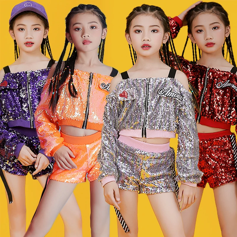 

2021 Jazz Dance Costumes Orange Sequins Child Cheerleader Set Hip Hop Street Dancing Clothes Stage Outfit Performance Wear