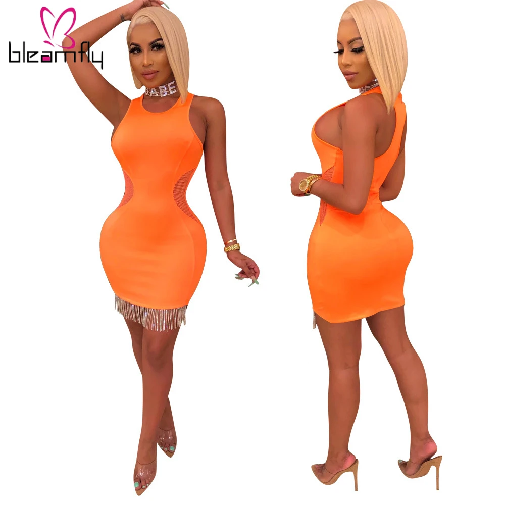 2019 женское осеннее зимнее Сетчатое Мини платье без рукавов с кисточками