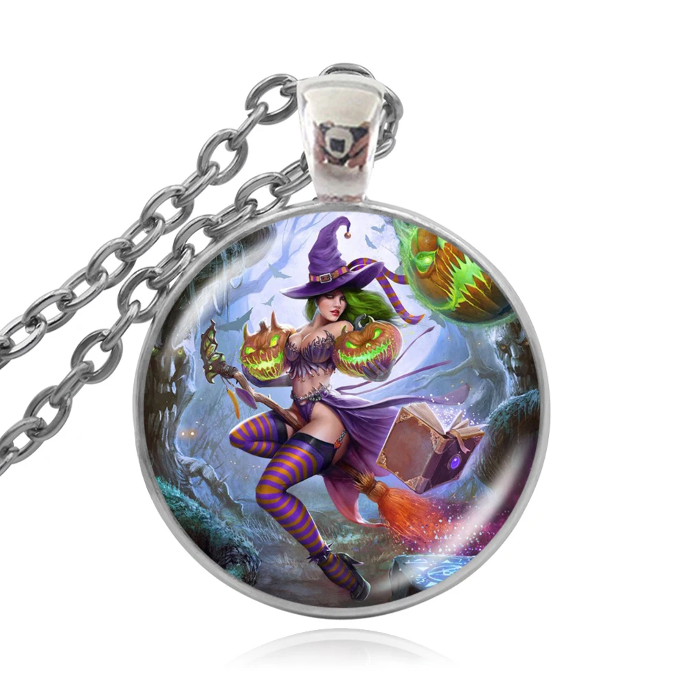 

KARAIRIS Trendy Happy Halloween Jewelry Necklace Glass Cabochon Art Witch Necklace Glass Holiday Jewelry statement necklaces