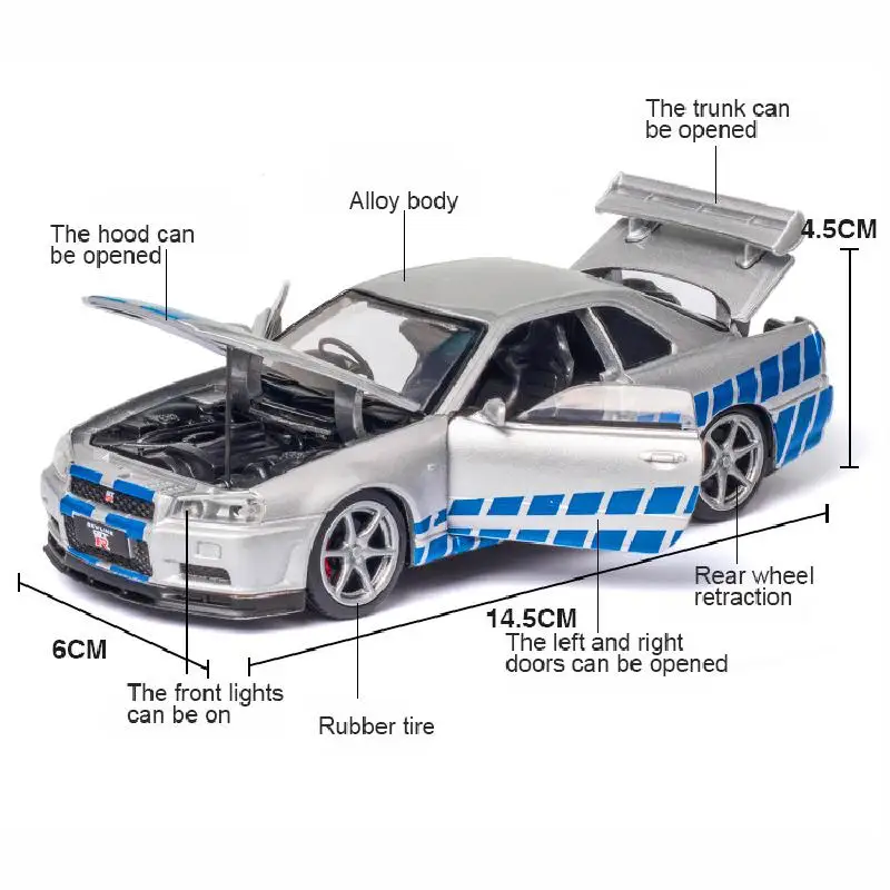 Модель литая автомобиля Nissan Skyline GTR R34 в масштабе 1:32 модель из сплава креативное