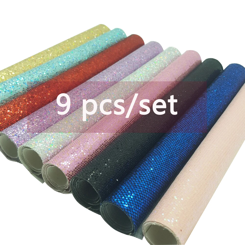

9pcs 22*30cm Glitter Synthetic Leather Colorful Fabric Sheets Handmade Bags Shoe Materials DIY Hair bow Accessories Faux Leather