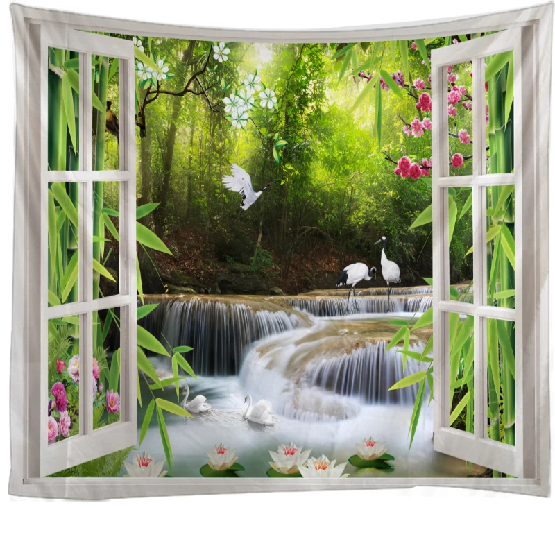 

3D window beautiful scenery tapestry wall hanging green bamboo forest waterfall tapestry gng cloth bedroom living room dormitory