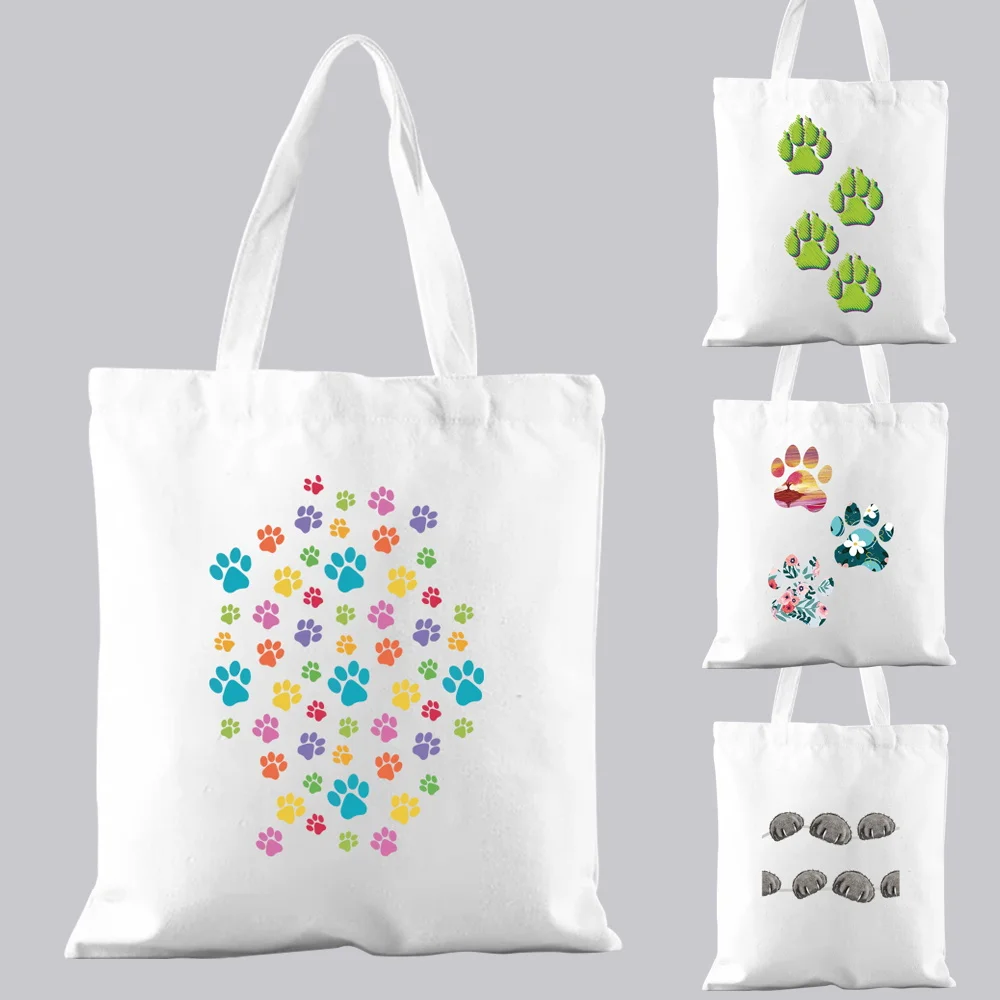 

Shopping Bag Casual Commuter Handbag Fashion Lady White Footprint Pattern Printed Canvas One Shoulder Can Be Reused and Portable