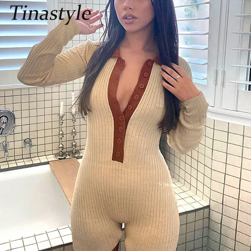 

Женский трикотажный комбинезон Tinastyle, Осенний Облегающий комбинезон с длинным рукавом и пуговицами