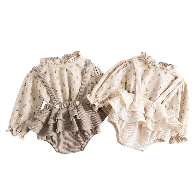 

Baby Girls Outfits Set Sweet Cute Long Sleeve Floral Print Romper Tops+Ruffles Suspender Shorts Set Clothing Newborn Kids 6M-3Y