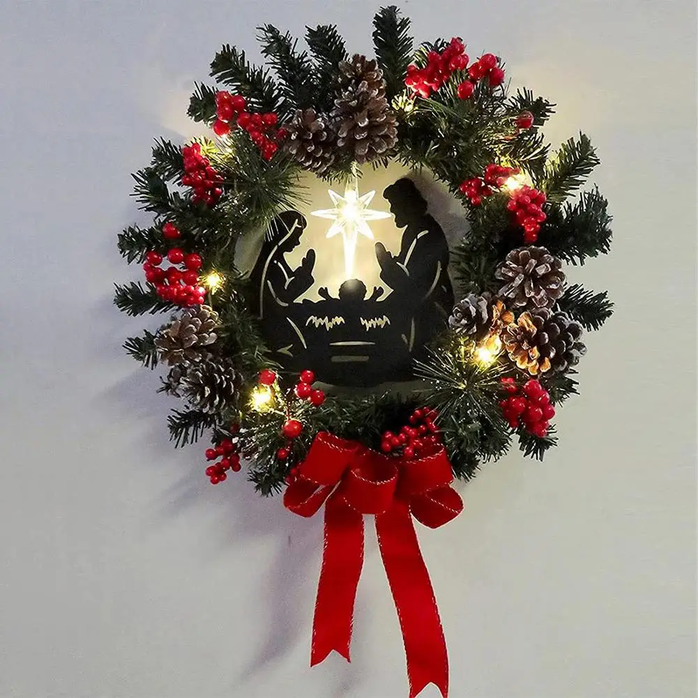 

Lighted Nativity Scene Christmas Wreathes Sparkles Joseph Mary Jesus Wreath Red Berries Pine Cones LED Lights Home Door Decor