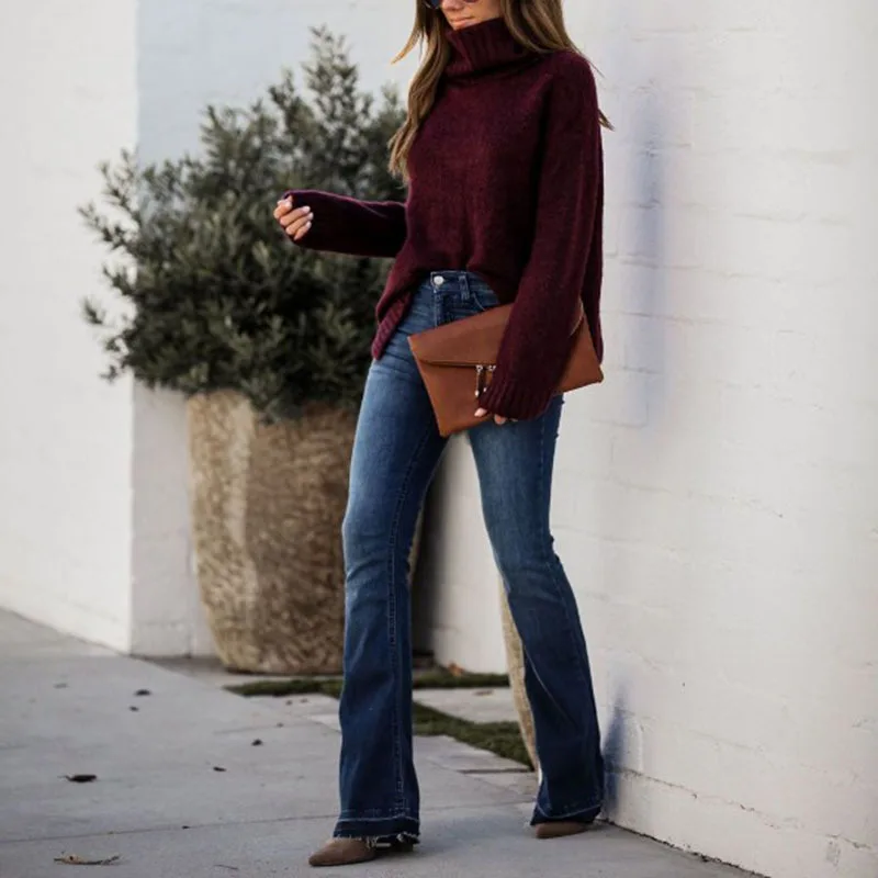 

WEPBEL Spring and Autumn Fashion Solid Color Slim Flared Jeans Women's Casual Mid Waist Button Stretch Wide Leg Jeans