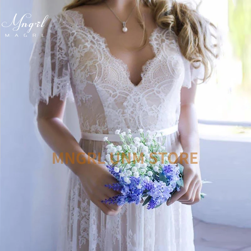 

MNGRL Wedding Dress V-neck Sleeveless White Lace 3D Flower Wedding Gown Backless Plus Size Tail Bridal Dresses