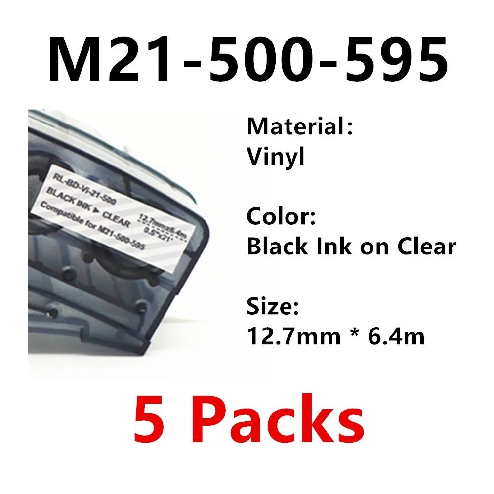 

5Pack M21 500 595 Vinyl Label Ribbon Black On Clear For BMP21 PLUS BMP21 LAB Printer Label Tape Maker Wire Marking Sleeves
