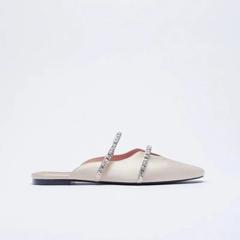 Женские мюли со стразами кожа без застежки плоская подошва удобные красивые