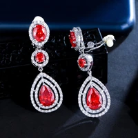cwwzircons high quality women red wedding party costume jewelry long water drop clip on earring without piercing ear clips cz244