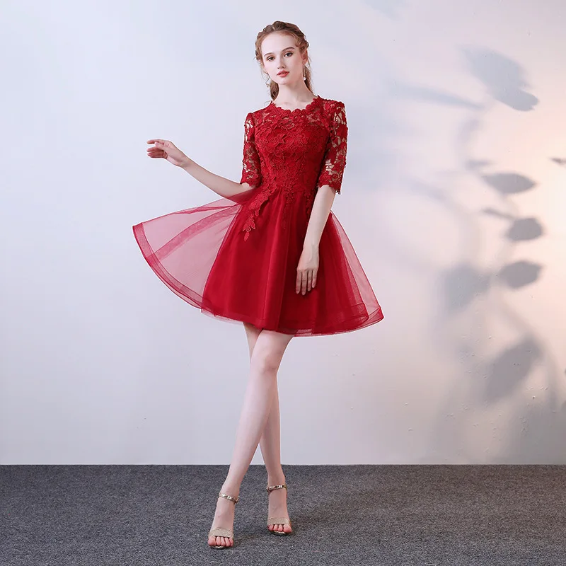 

Women's wedding party dress plus size O neck half sleeve short lace formal prom evening dress for New Year 2021 graduation dress