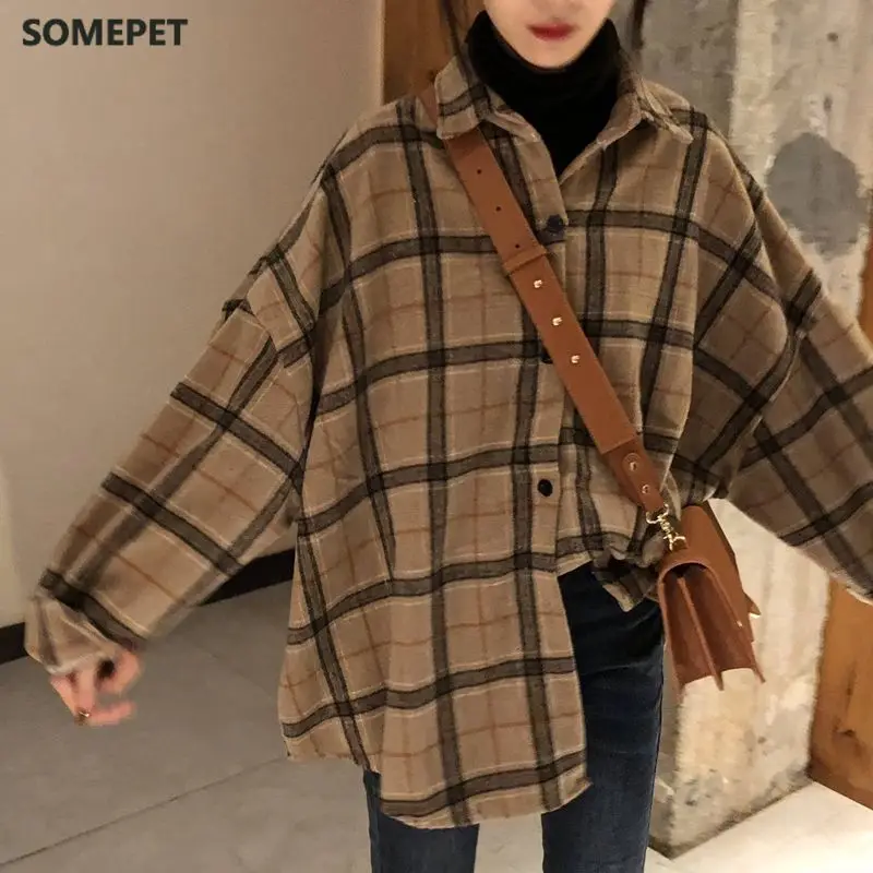 

Female Autumn Street Blouse Shirts Vintage Oversized Plaid Flannel Boyfriend Tunic Shirt for Women Casual Korean Tops