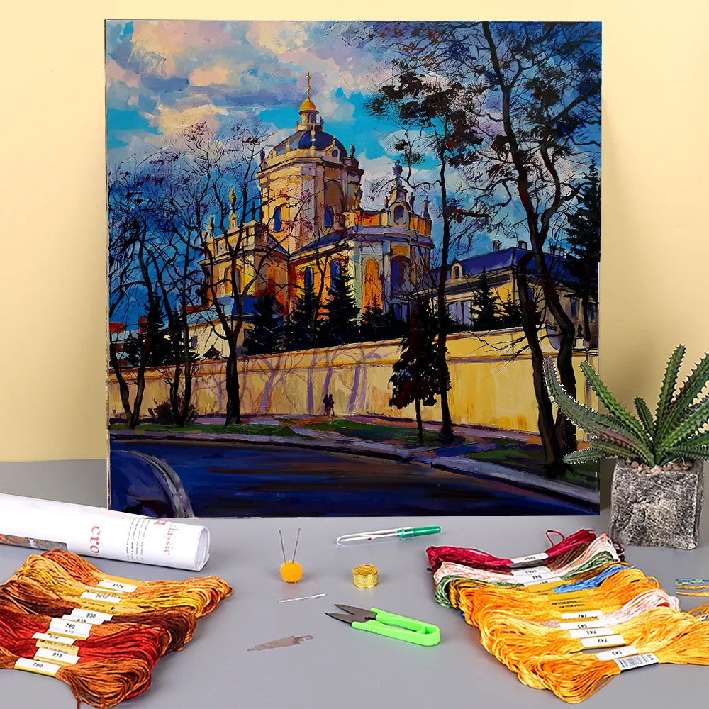 

Водорастворимый холст с принтом в виде пейзажа Святого Георга, 11CT, полный набор для вышивки крестом, DMC нить, вязание, подарок