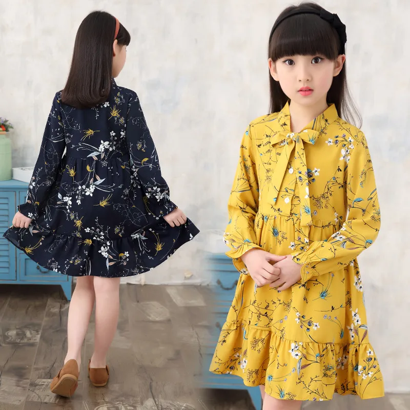 Шифоновое платье для девочек-подростков свободное Хлопковое с длинным рукавом и