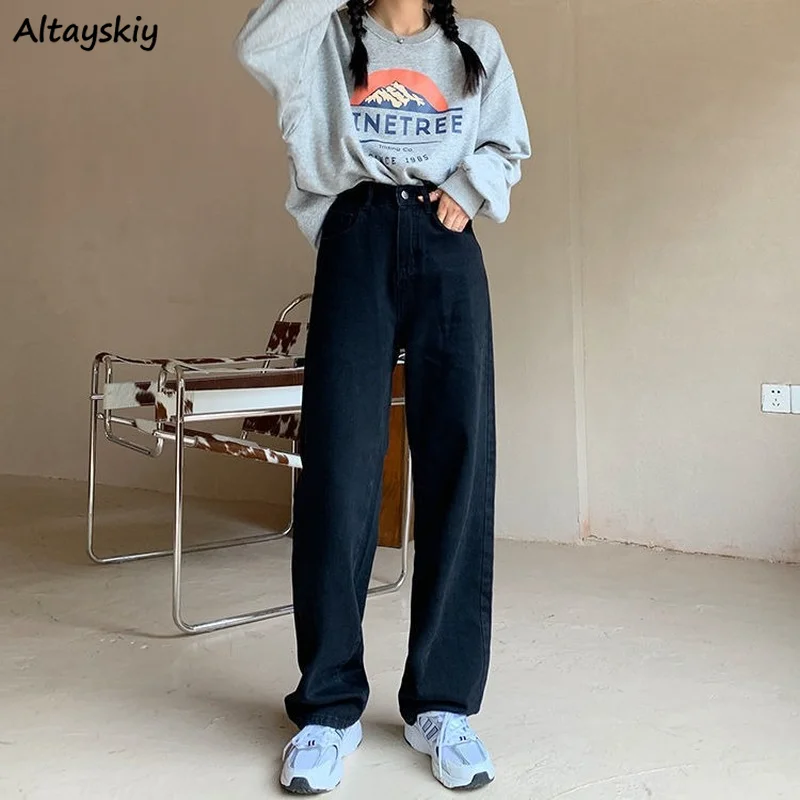

Women Jeans Straight High-waist Denim Solid Trousers Retro High Quality All-match Mopping Oversize Casual Spring Mujer Ulzzang