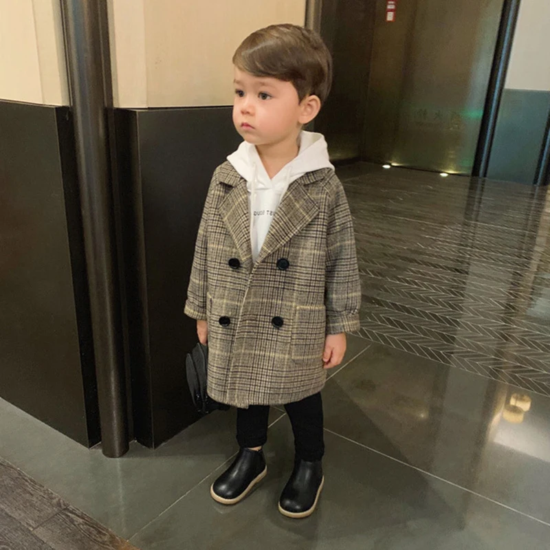 

Boy Girls Woolen Coat Winter Cotton Long Jackets Kid's Outerwear Clothes Toddler Children Clothes Casual Turn-down Collar Plaid