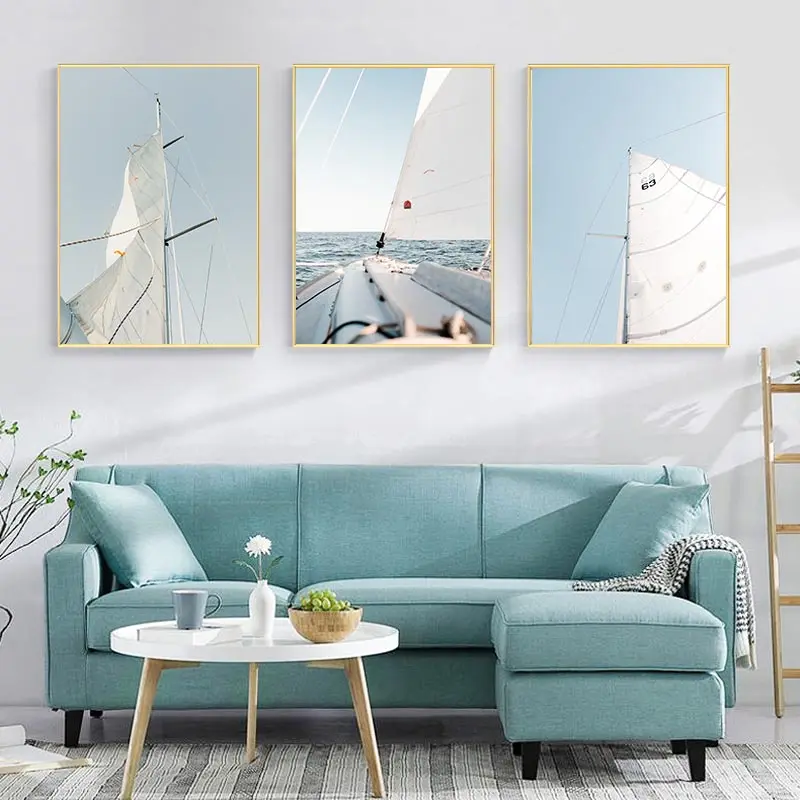 

Nordic Sailing Wall Art Poster Blue Sky Sea Art Print Blue Canvas Painting Ship Landscape Pictures Modern Living Room Home Decor