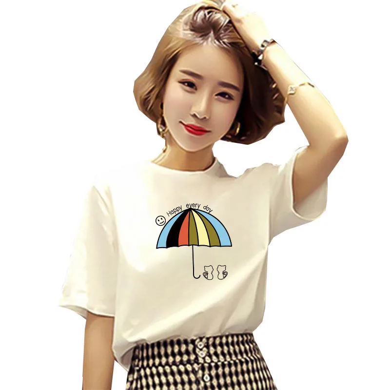 Новая Милая футболка с мультяшным зонтиком Женская в стиле Харадзюку коротким