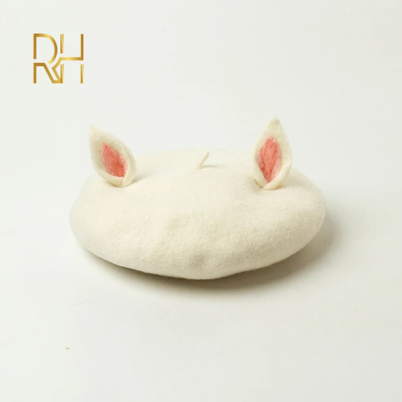 Ручной работы Оригинальная 100% шерстяного фетра берет с милыми заячьими ушками