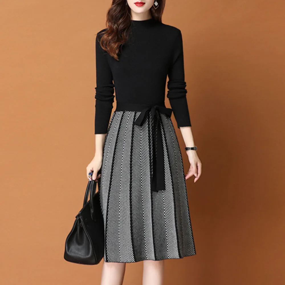 

Женское трикотажное платье с бантом, облегающее трикотажное платье до колен с воротником-стойкой и длинным рукавом, с высокой талией, в Коре...