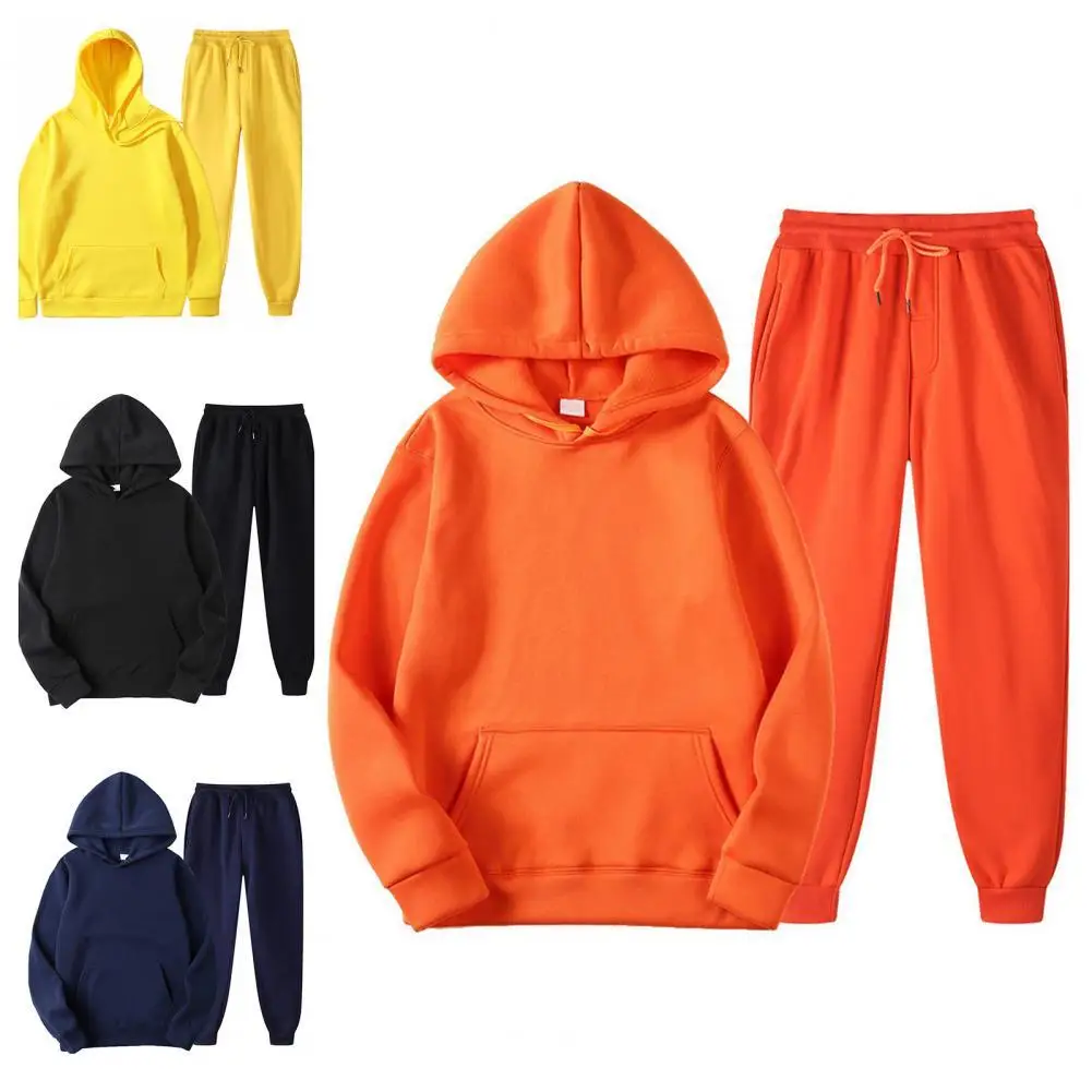 

1 Set Unisex Outfit 2021 Hoodie Pants Set Solid Color Hooded Men Women Drawstring Large Pocket Sweatshirt Sweatpants for Sports
